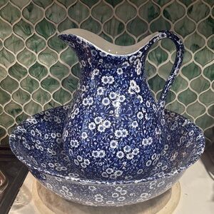 Vintage Royal Crownford Ironstone Pitcher & Bowl Set in Blue White Floral Calico